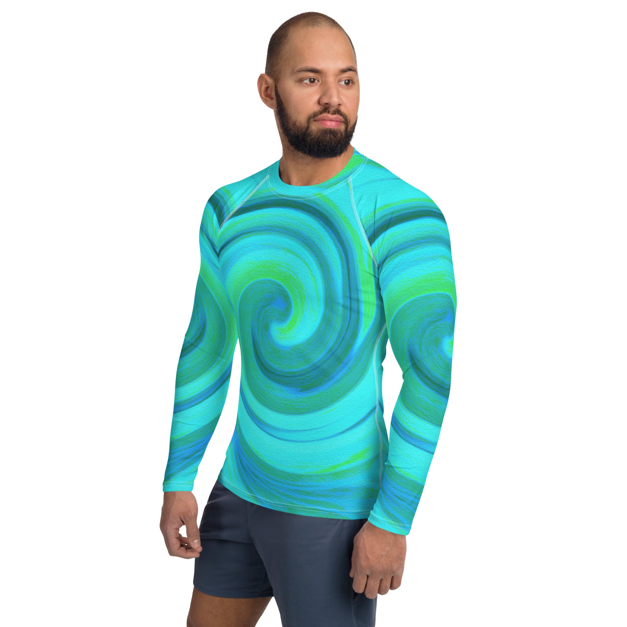 Men's Athletic Rash Guard Shirts - Groovy Cool Abstract Aqua Liquid Art Swirl