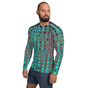 Men's Athletic Rash Guard Shirts | Abstract Kaleidoscopic Aqua Retro Boomerang Waves