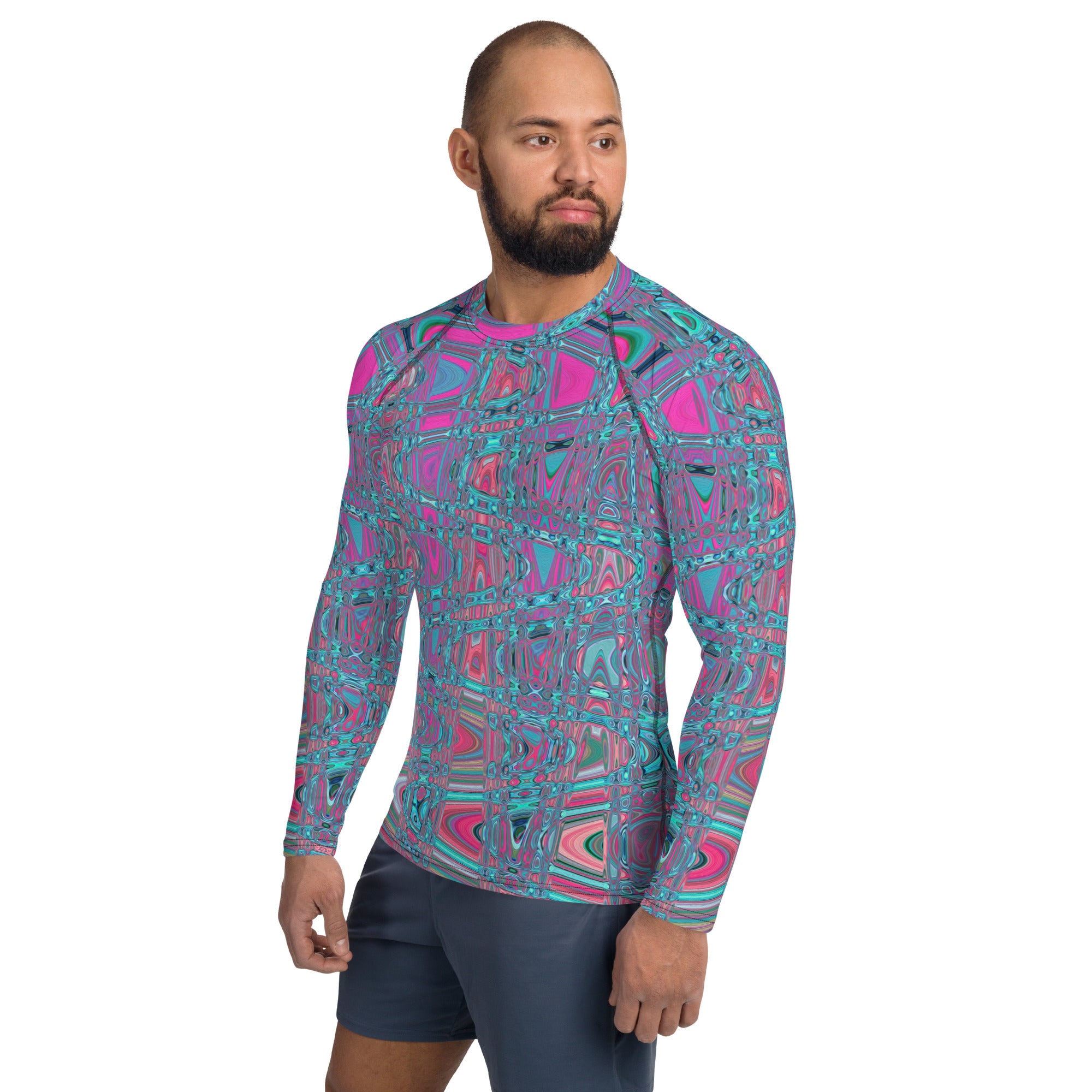 Men's Rash Guard Athletic Shirts | Cool Abstract Blue and Magenta Retro Zigzag Waves