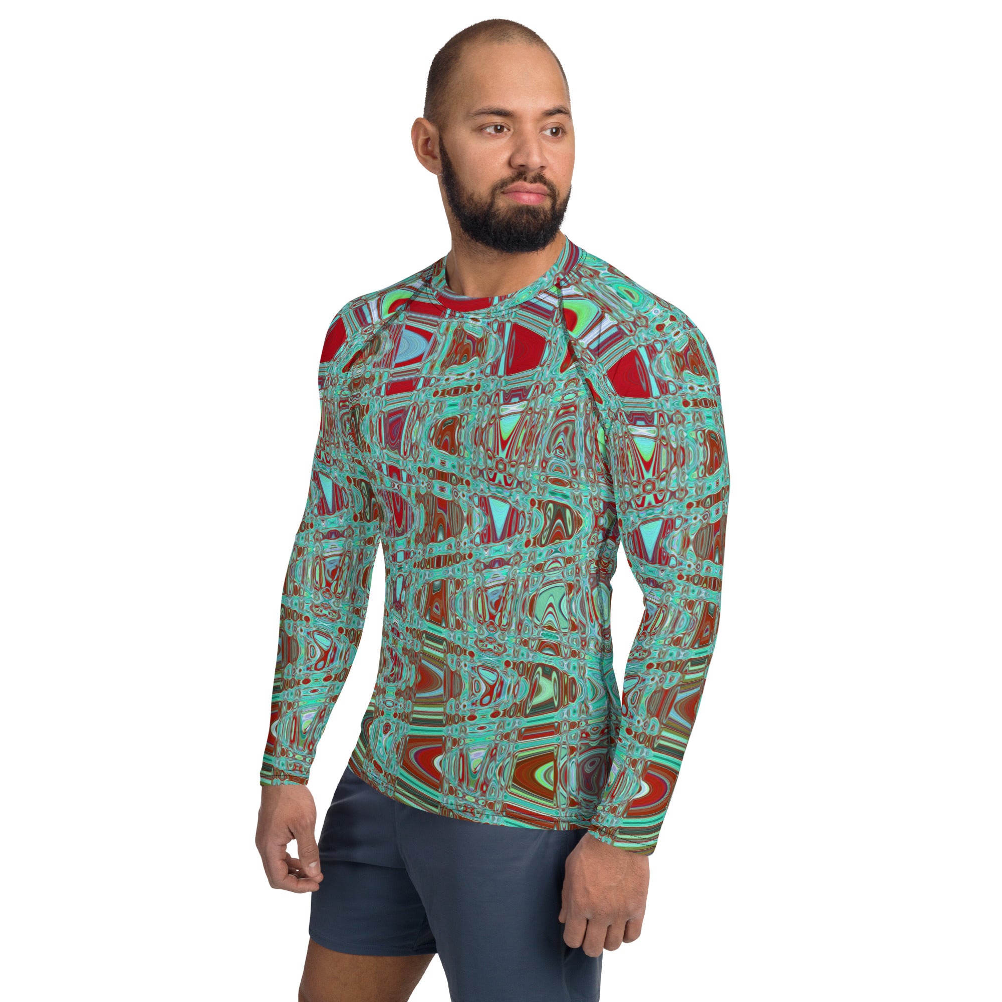 Men's Rash Guard Athletic Shirts | Cool Abstract Blue and Red Retro Zigzag Waves
