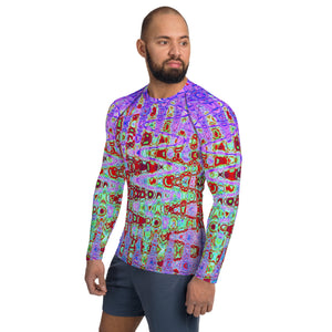Men's Athletic Rash Guard Shirts | Wavy Abstract Red and Purple Retro Mosaic Zigzags