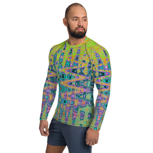 Men's Athletic Rash Guard Shirt | Wavy Abstract Blue and Yellow Retro Mosaic Zigzags