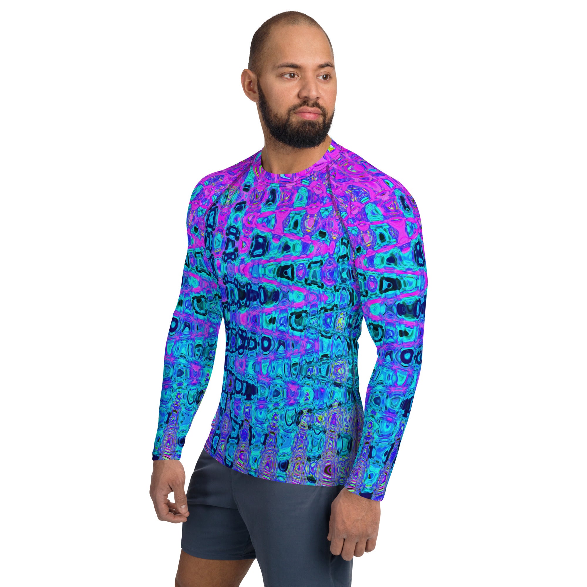 Men's Athletic Rash Guard Shirt | Wavy Abstract Purple and Blue Retro Mosaic Zigzags