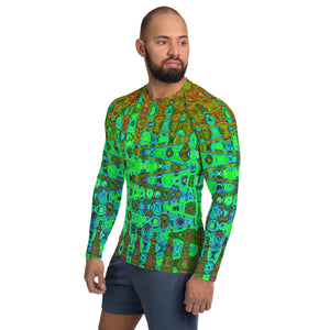 Men's Athletic Rash Guard Shirt | Wavy Abstract Lime Green Retro Mosaic Zigzags