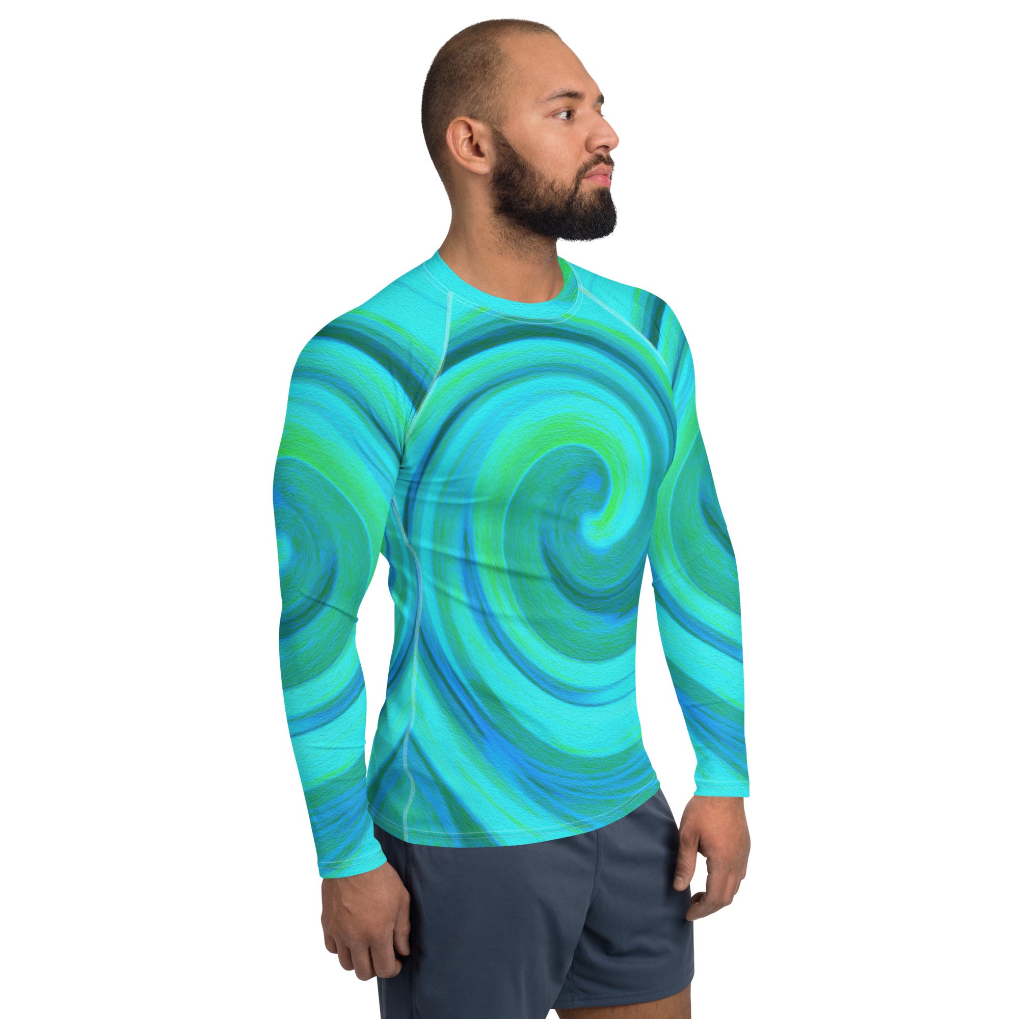 Men's Athletic Rash Guard Shirts - Groovy Cool Abstract Aqua Liquid Art Swirl