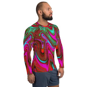 Men's Athletic Rash Guard Shirts - Retro Groovy Magenta, Red and Blue Abstract Art