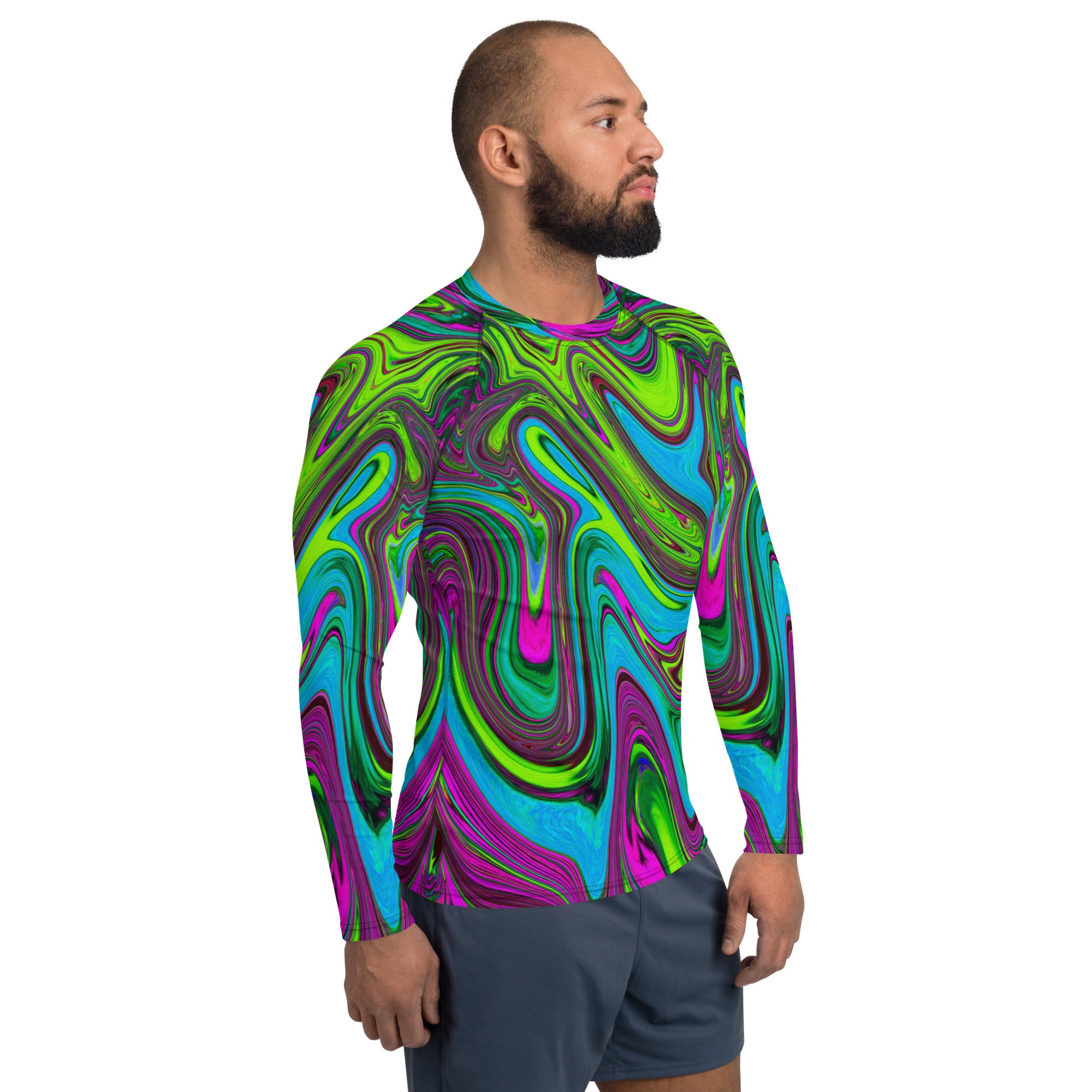 Men's Athletic Rash Guard Shirts - Wavy Green, Blue and Magenta Abstract Art