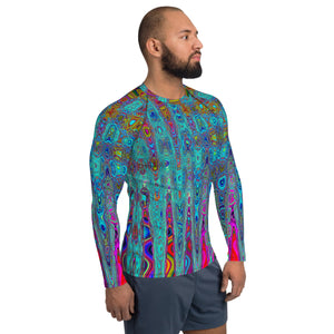 Men's Athletic Rash Guard Shirts | Trippy Sky Blue Abstract Retro Atomic Waves