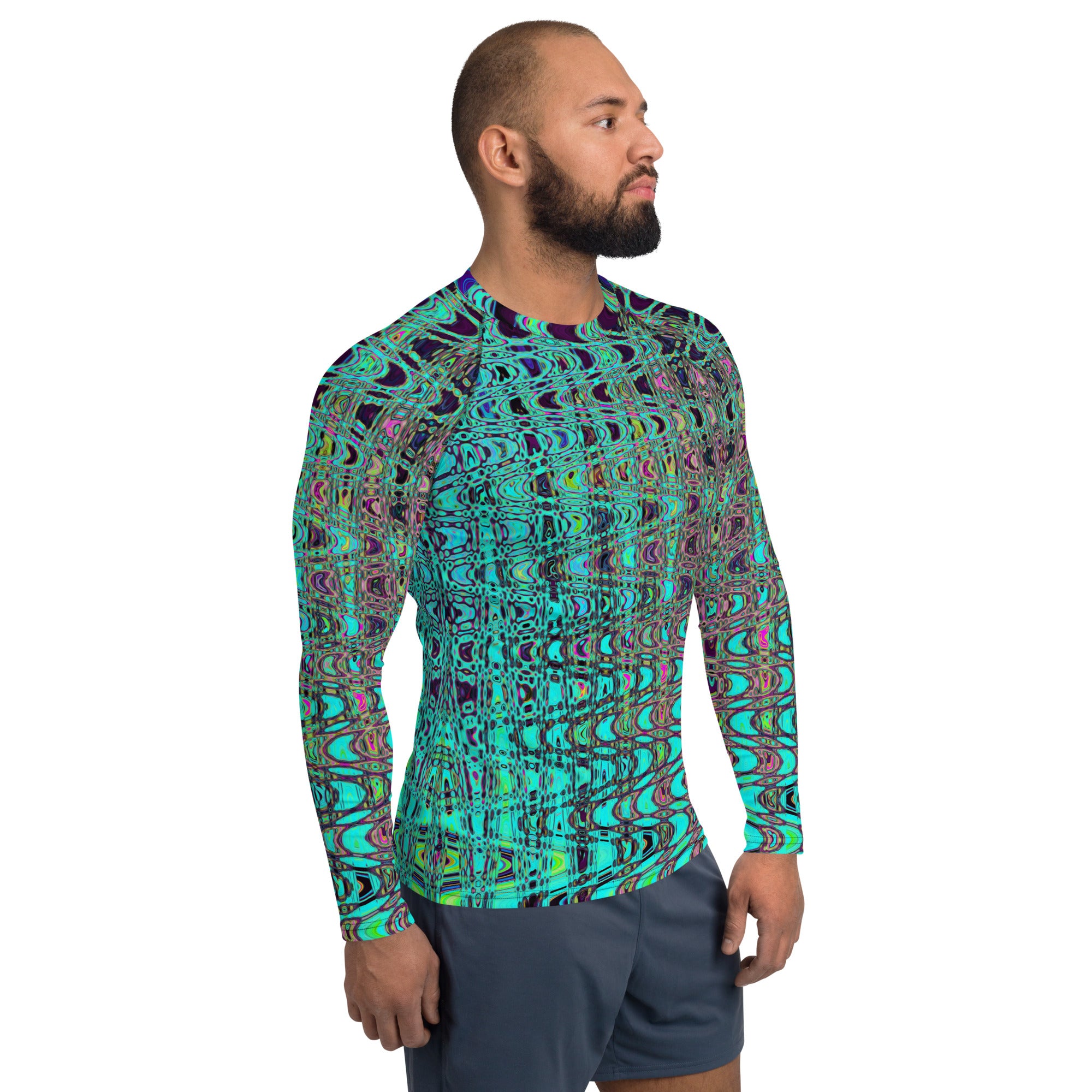 Men's Athletic Rash Guard Shirts | Abstract Kaleidoscopic Aqua Retro Boomerang Waves