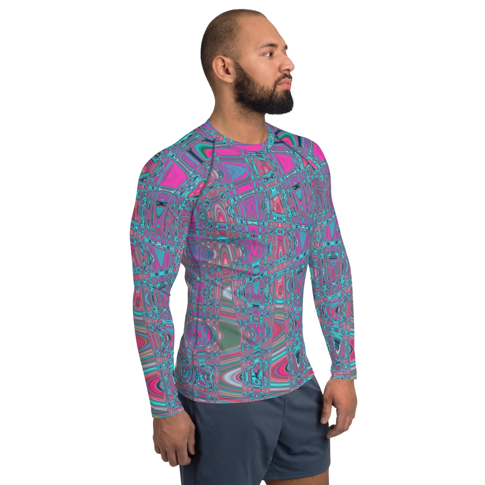 Men's Athletic Rash Guard Shirts | Cool Abstract Blue and Magenta Retro Zigzag Waves