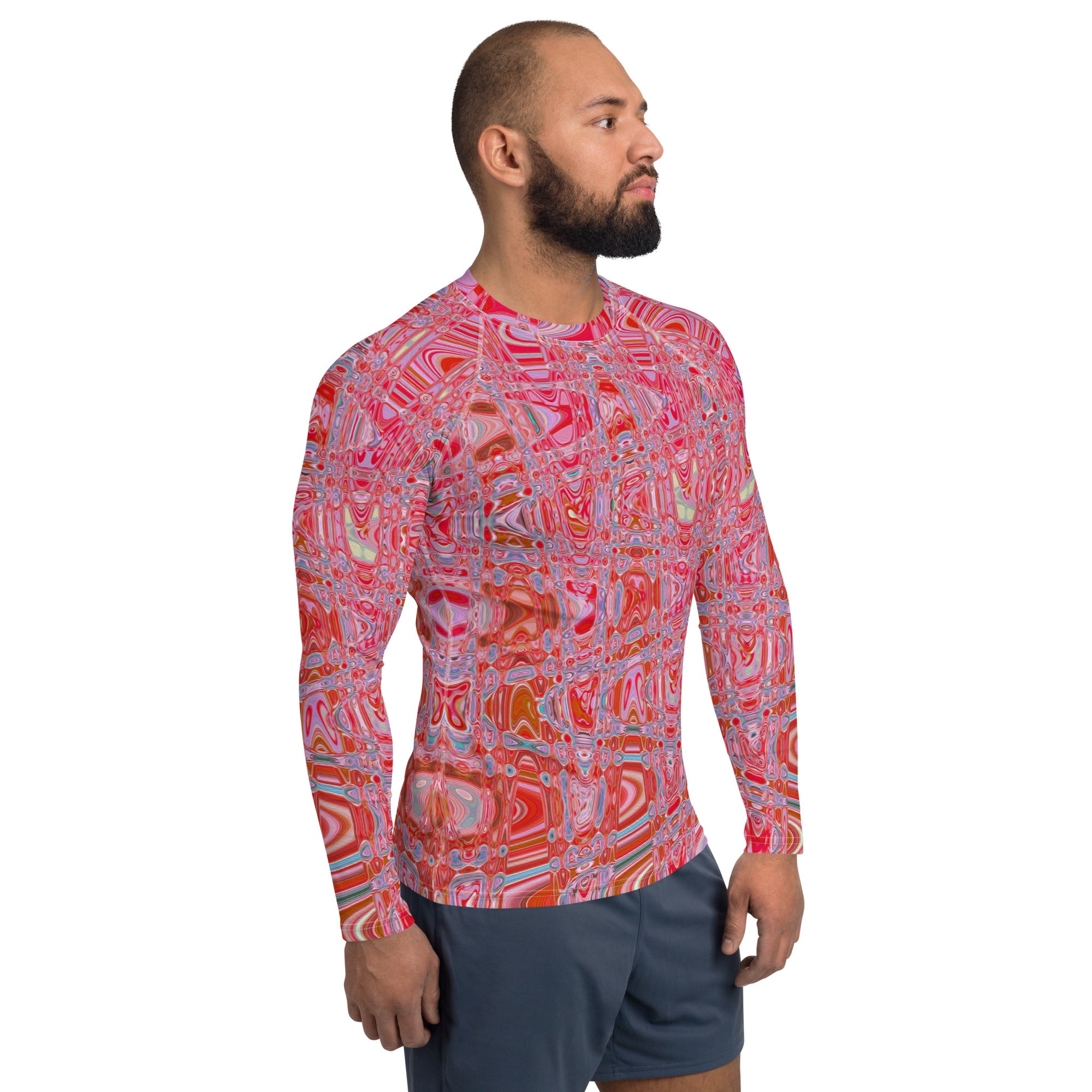 Men's Rash Guard Athletic Shirts | Cool Abstract Red and Pink Retro Zigzag Waves