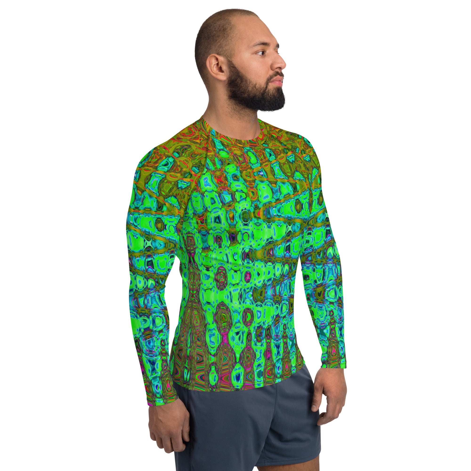 Men's Athletic Rash Guard Shirt | Wavy Abstract Lime Green Retro Mosaic Zigzags