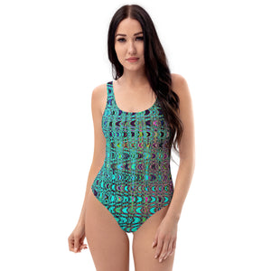 One Piece Swimsuits | Abstract Kaleidoscopic Aqua Retro Boomerang Waves