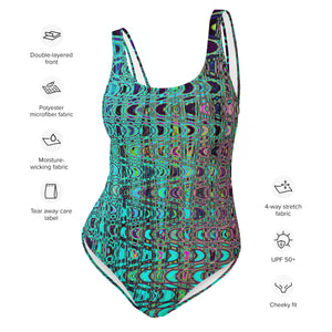 One Piece Swimsuits | Abstract Kaleidoscopic Aqua Retro Boomerang Waves