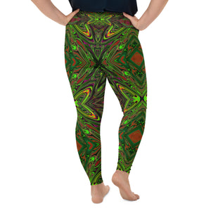 Plus Size Leggings - Trippy Retro Lime Green Abstract Butterfly