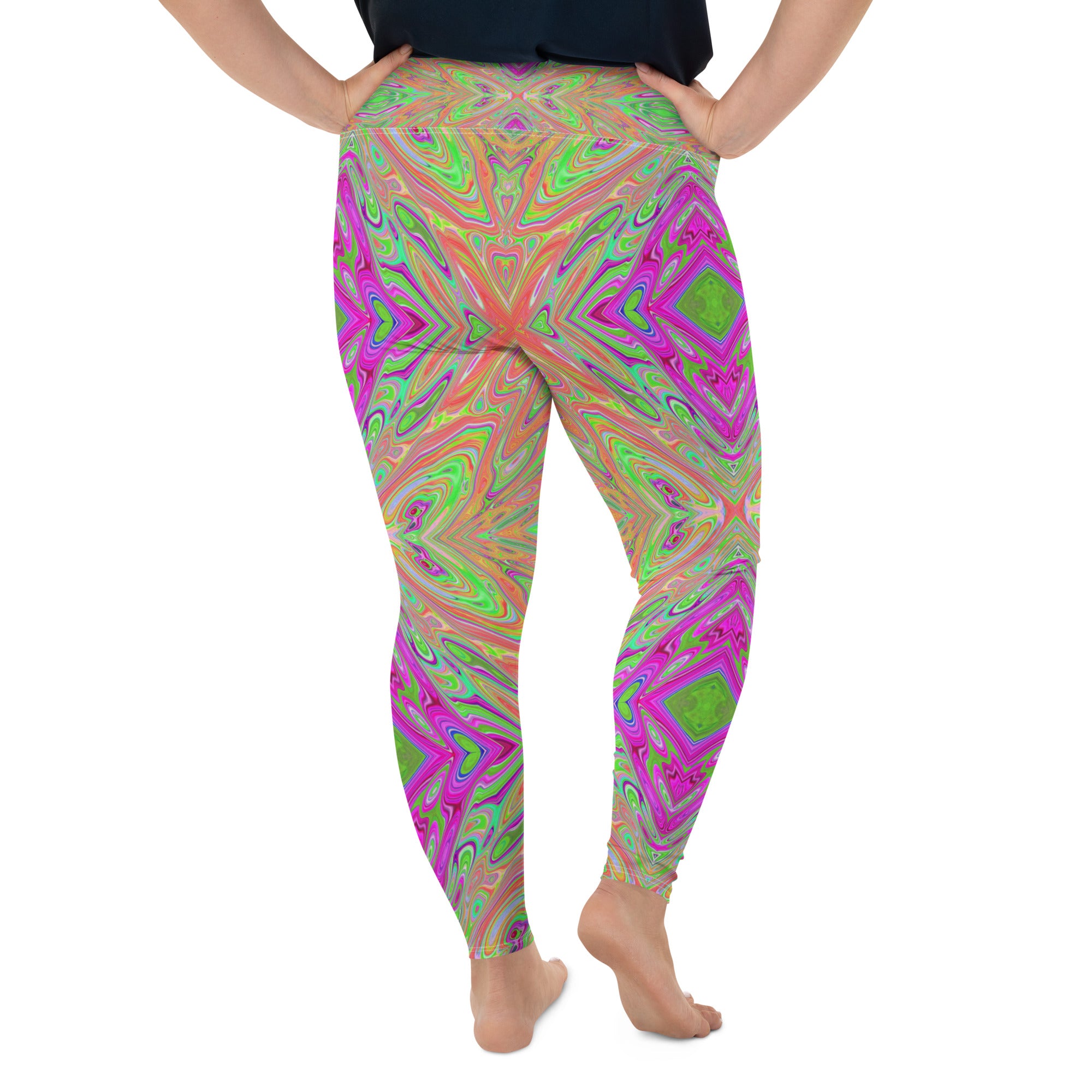 Plus Size Leggings - Trippy Lime Green and Orange Abstract Butterfly