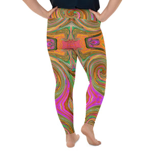 Plus Size Leggings -Groovy Abstract Retro Orange and Green Swirl