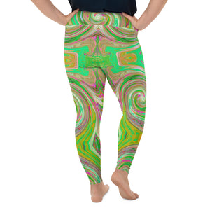 Plus Size Leggings - Groovy Abstract Retro Green and Hot Pink Swirl