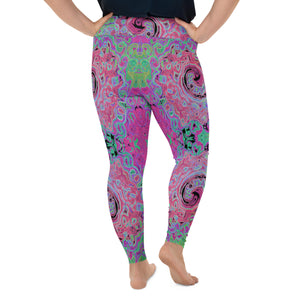 Plus Size Leggings - Pink and Lime Green Groovy Abstract Retro Swirl