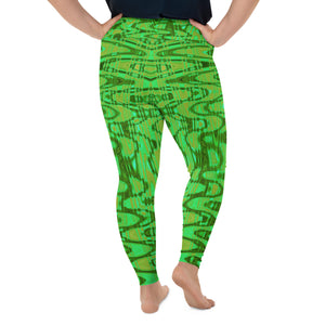 Plus Size Leggings | Cool Green and Gold Abstract Tie Dye Retro Waves