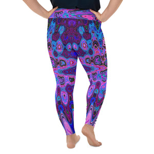 Plus Size Leggings | Abstract Mosaic Pink and Blue Wavy Retro