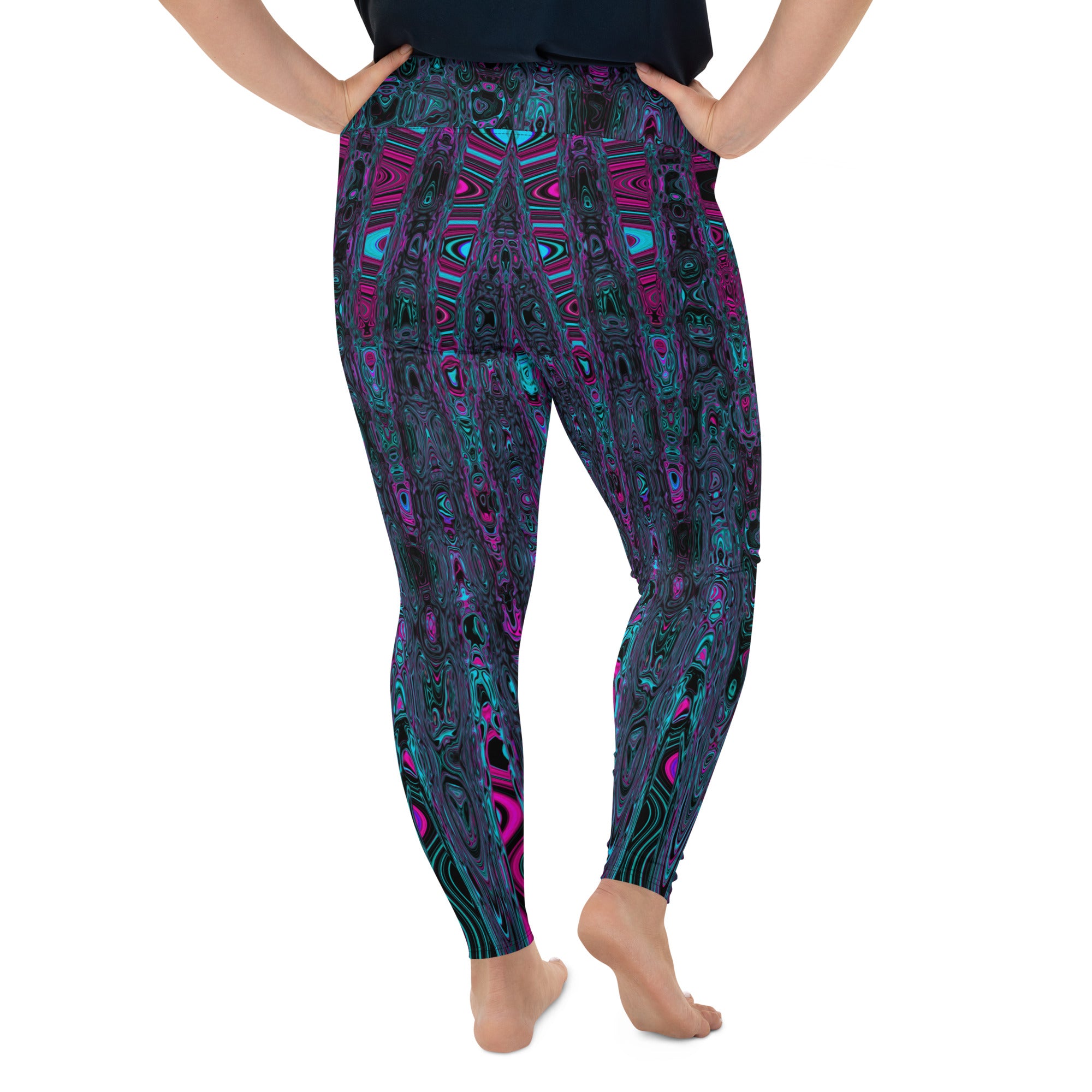 Plus Size Leggings | Retro Aqua Magenta and Black Abstract Atomic Waves