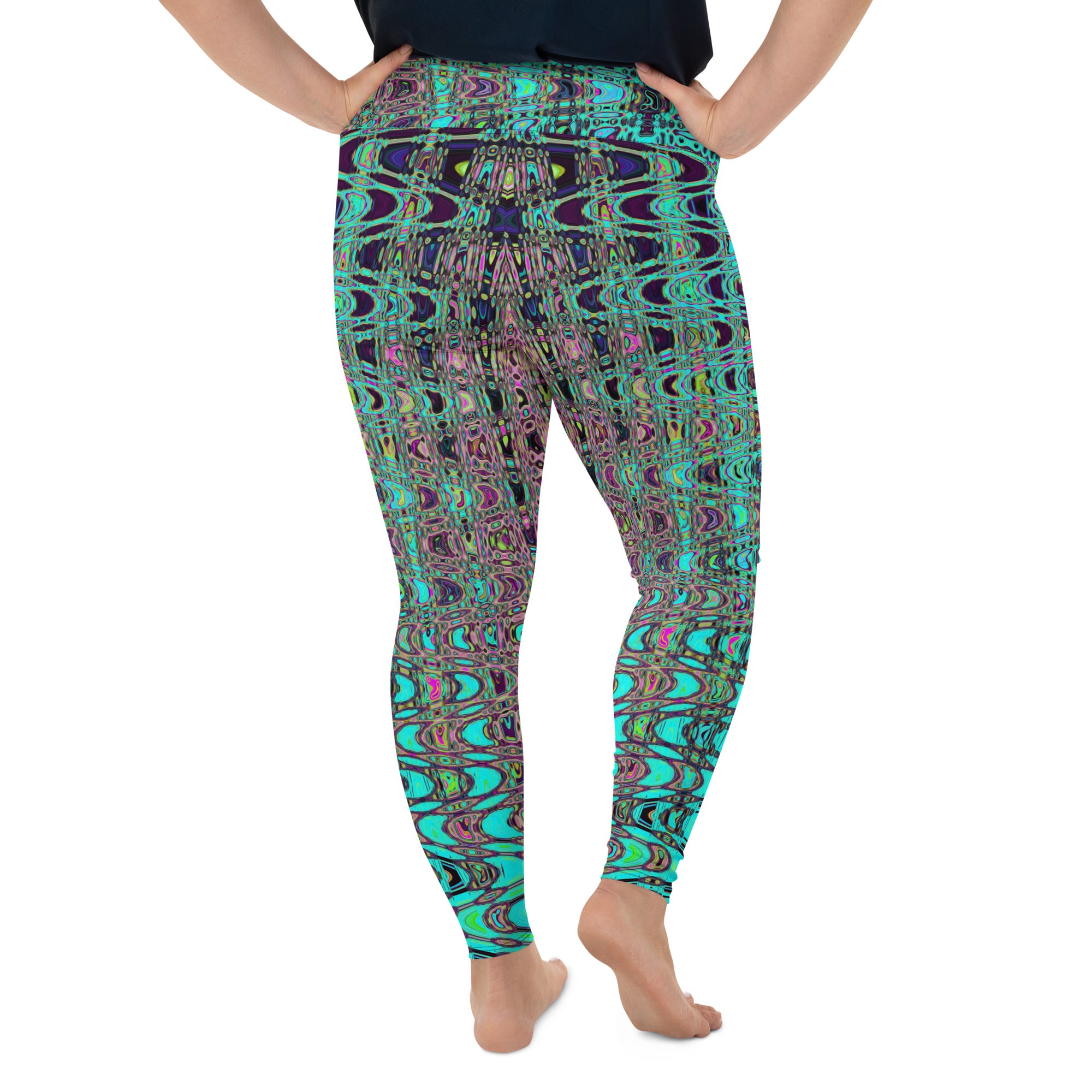 Plus Size Leggings | Abstract Kaleidoscopic Aqua Retro Boomerang Waves