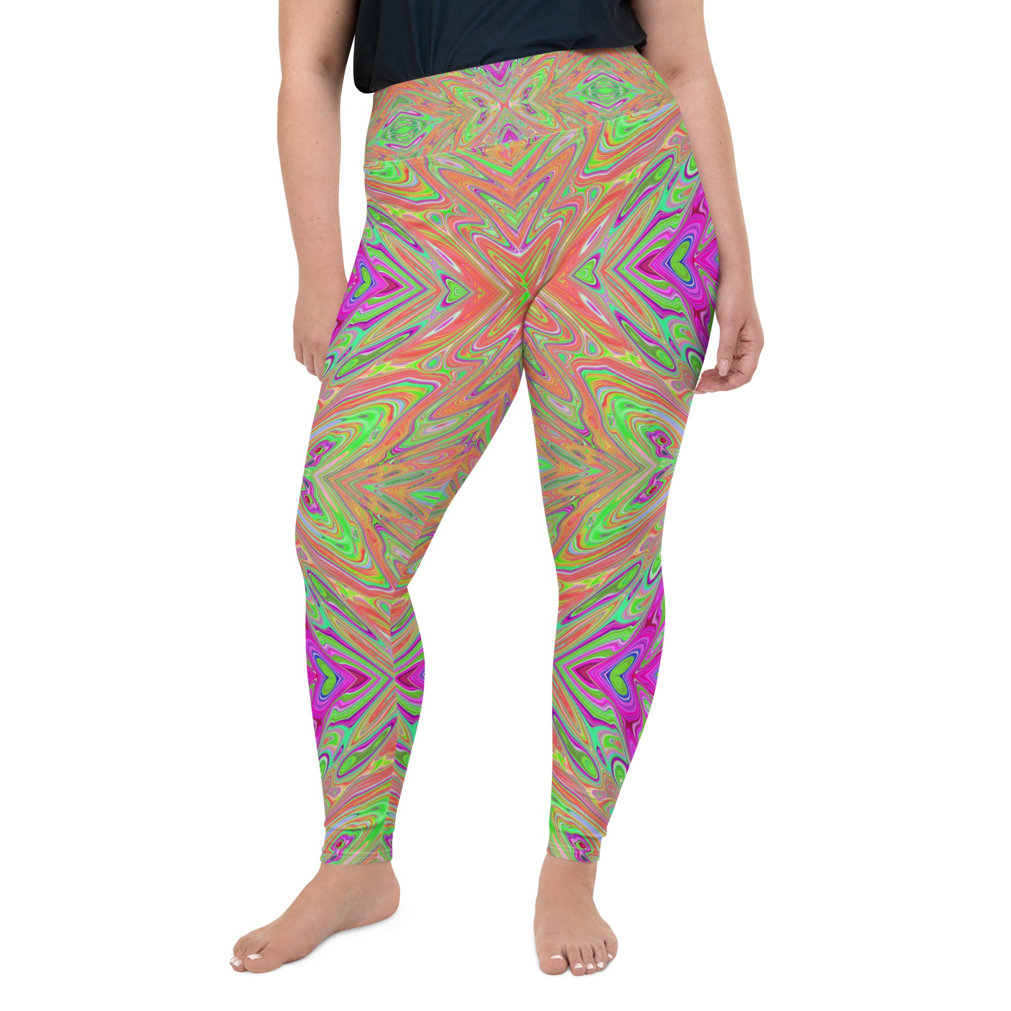 Plus Size Leggings - Trippy Lime Green and Orange Abstract Butterfly