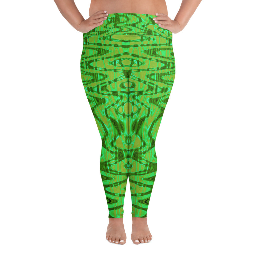 Plus Size Leggings | Cool Green and Gold Abstract Tie Dye Retro Waves