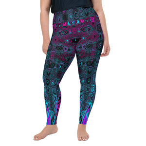 Plus Size Leggings | Retro Aqua Magenta and Black Abstract Atomic Waves