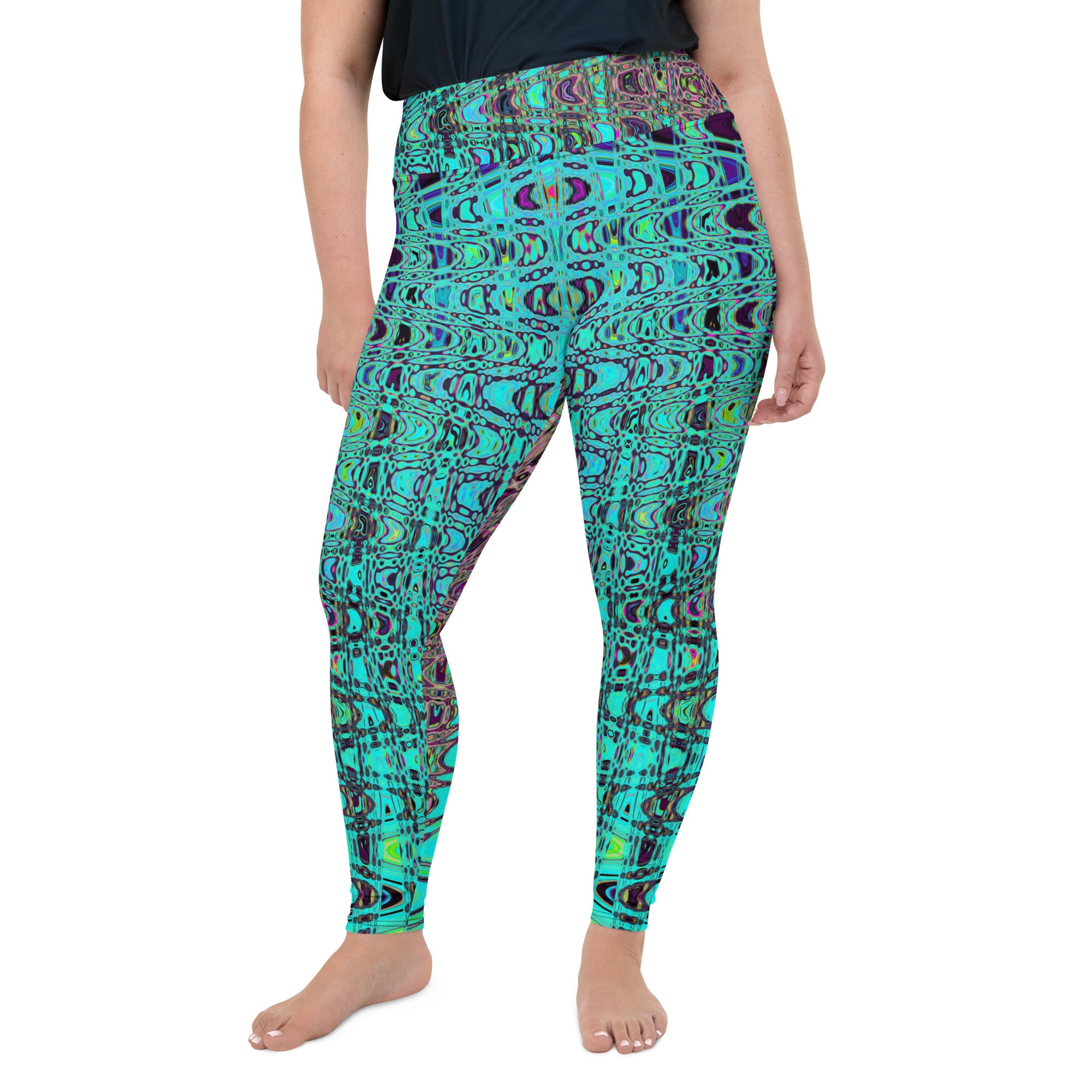 Plus Size Leggings | Abstract Kaleidoscopic Aqua Retro Boomerang Waves