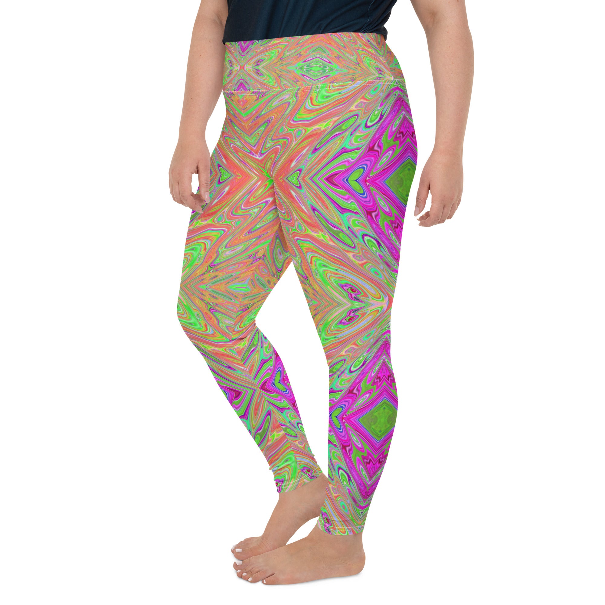 Plus Size Leggings - Trippy Lime Green and Orange Abstract Butterfly