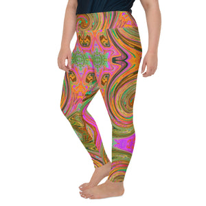 Plus Size Leggings -Groovy Abstract Retro Orange and Green Swirl