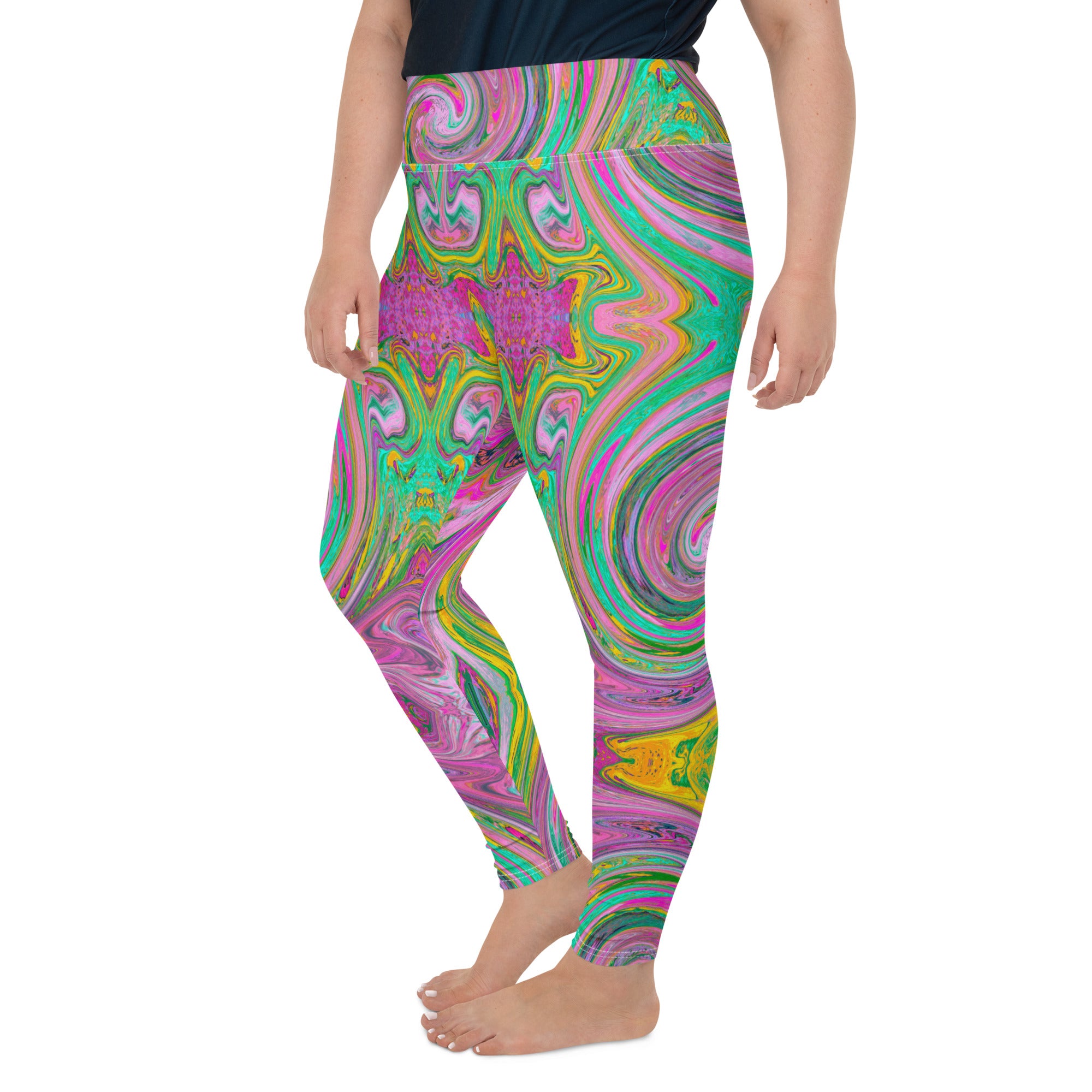 Plus Size Leggings - Groovy Abstract Retro Pink and Mint Green Swirl