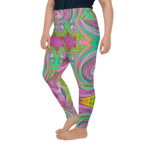 Plus Size Leggings - Groovy Abstract Retro Pink and Mint Green Swirl