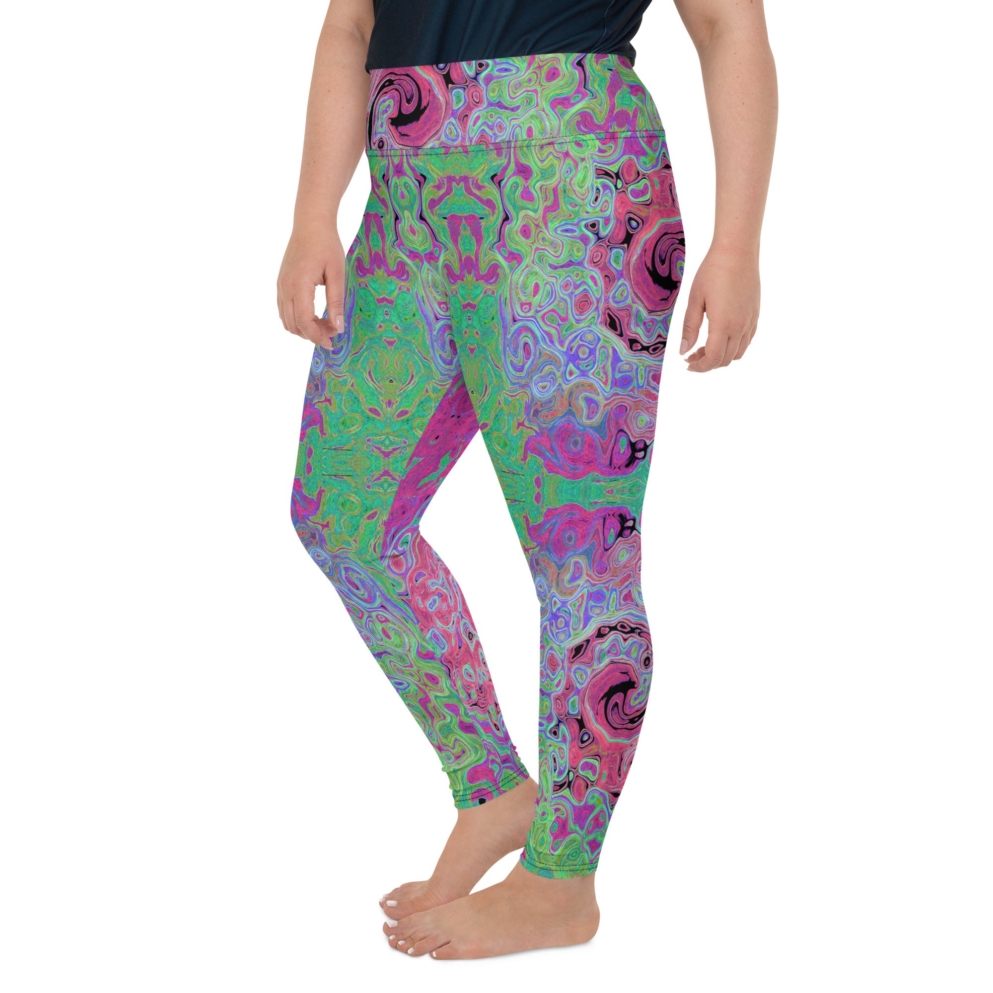 Plus Size Leggings - Pink and Lime Green Groovy Abstract Retro Swirl