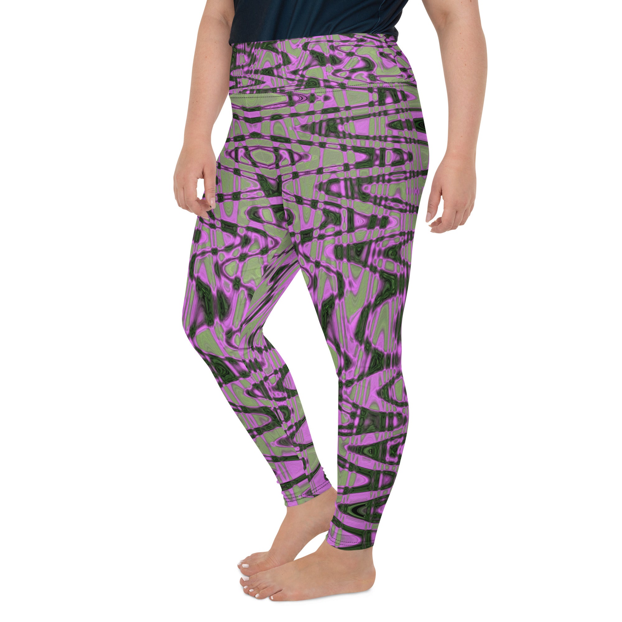 Plus Size Leggings | Cool Green and Pink Abstract Tie Dye Retro Waves