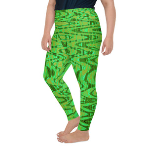 Plus Size Leggings | Cool Green and Gold Abstract Tie Dye Retro Waves