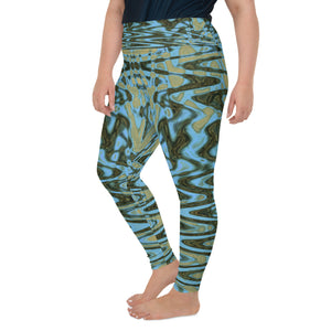 Plus Size Leggings | Cool Blue and Green Abstract Tie Dye Retro Waves