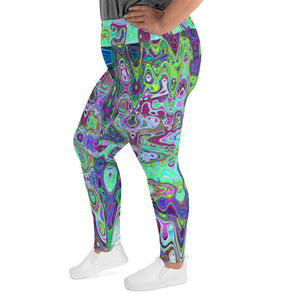 Plus Size Leggings | Abstract Green and Purple Wavy Mosaic Retro