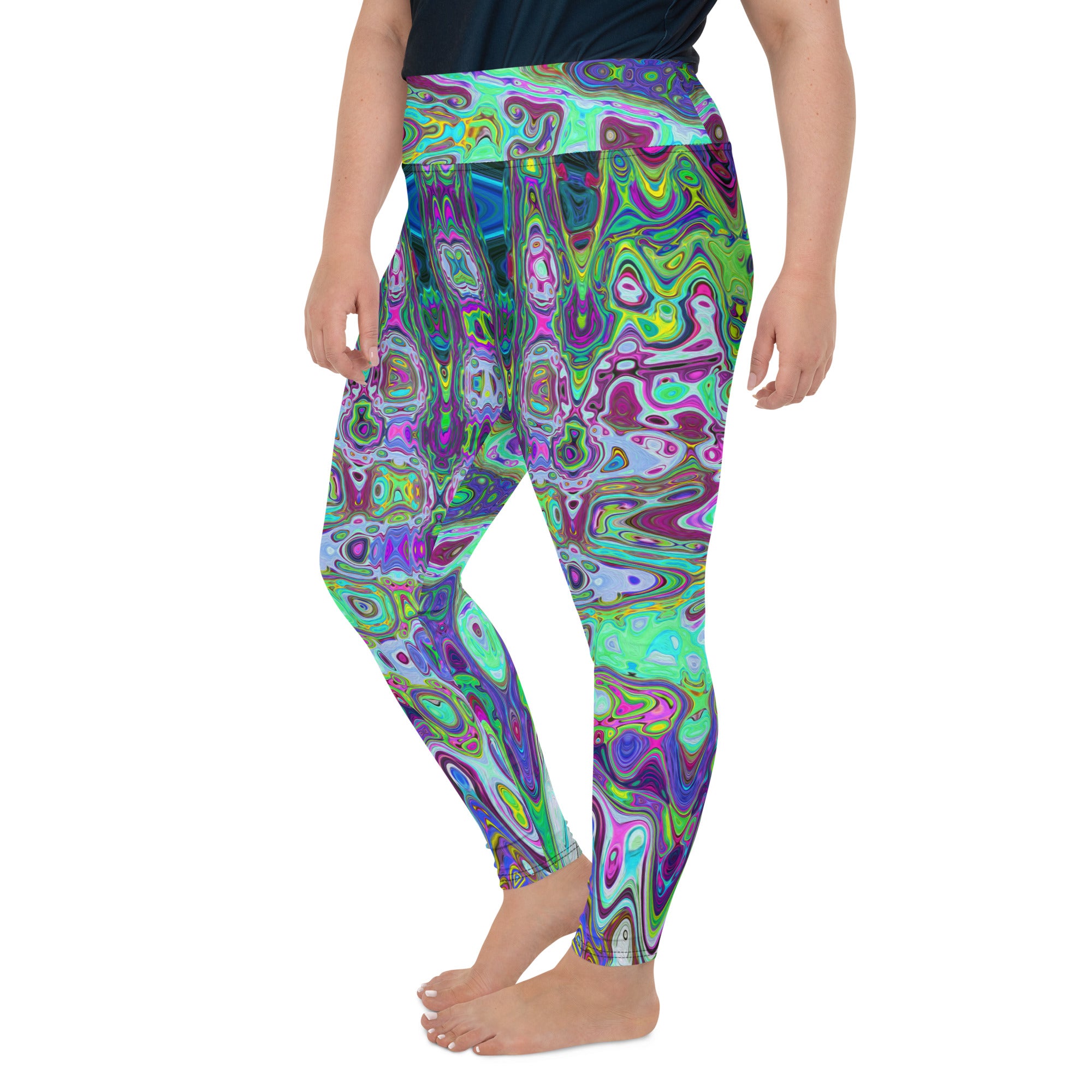 Plus Size Leggings | Abstract Green and Purple Wavy Mosaic Retro