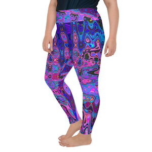 Plus Size Leggings | Abstract Mosaic Pink and Blue Wavy Retro