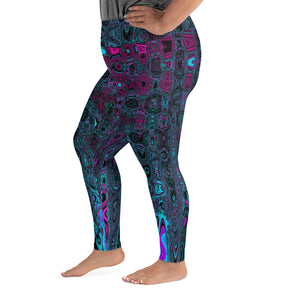 Plus Size Leggings | Retro Aqua Magenta and Black Abstract Atomic Waves