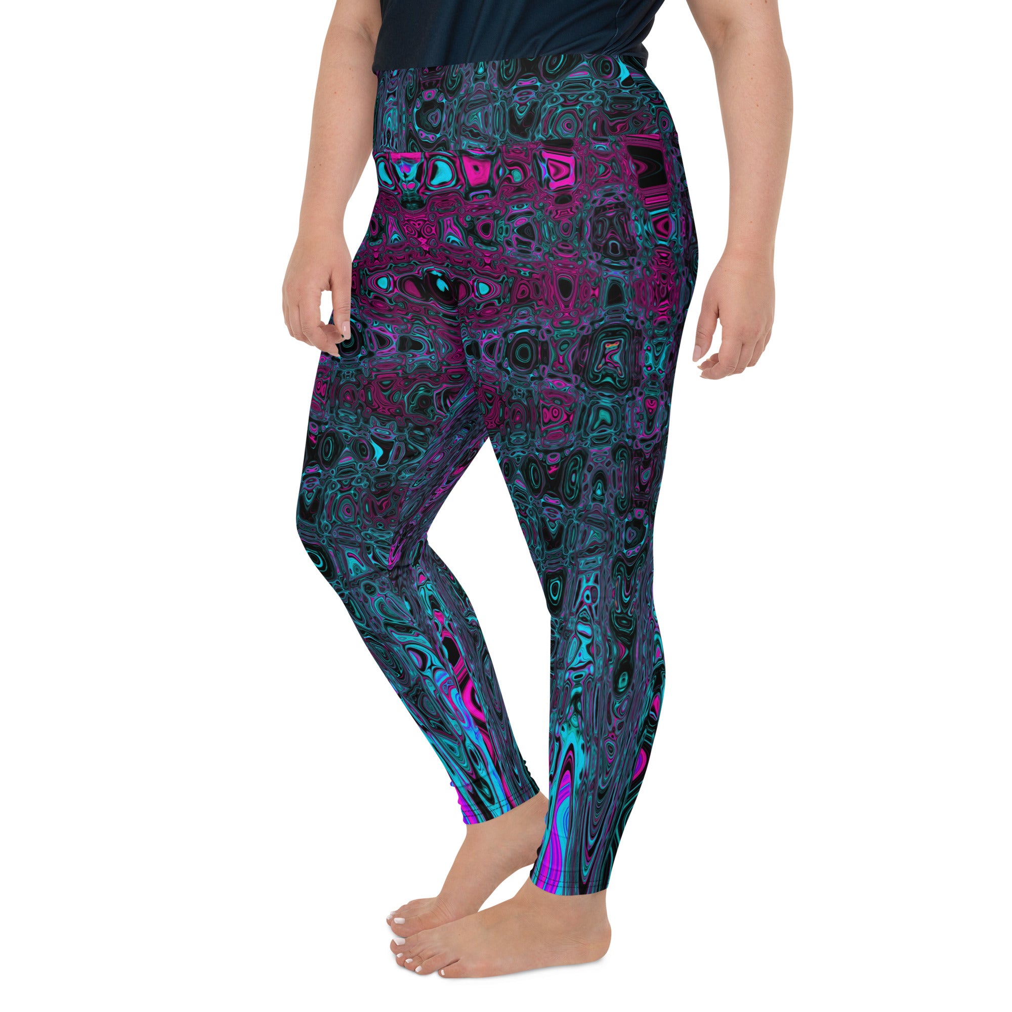 Plus Size Leggings | Retro Aqua Magenta and Black Abstract Atomic Waves