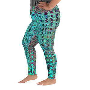 Plus Size Leggings | Abstract Kaleidoscopic Aqua Retro Boomerang Waves