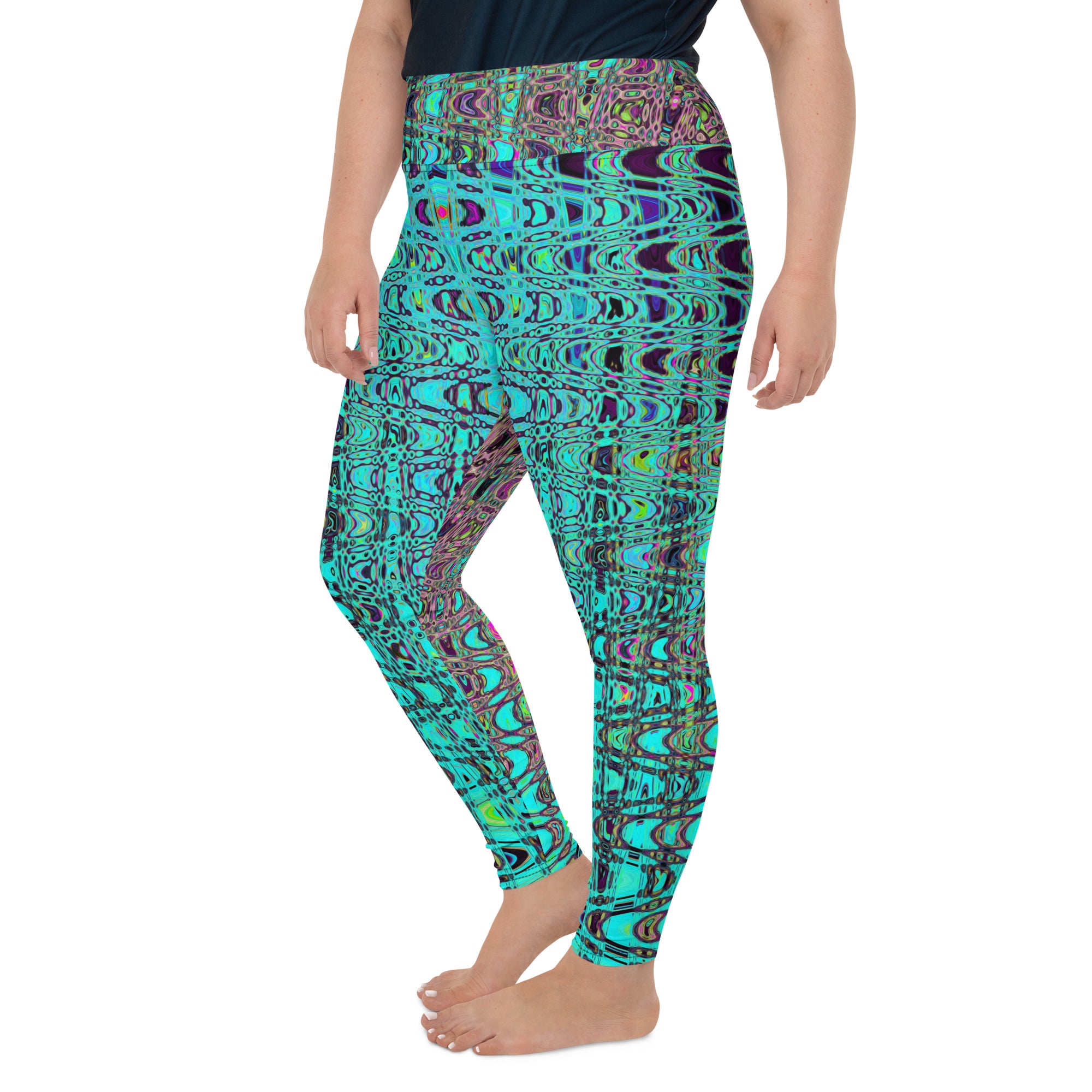 Plus Size Leggings | Abstract Kaleidoscopic Aqua Retro Boomerang Waves