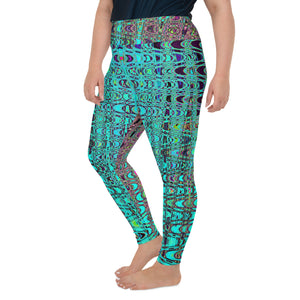 Plus Size Leggings | Abstract Kaleidoscopic Aqua Retro Boomerang Waves