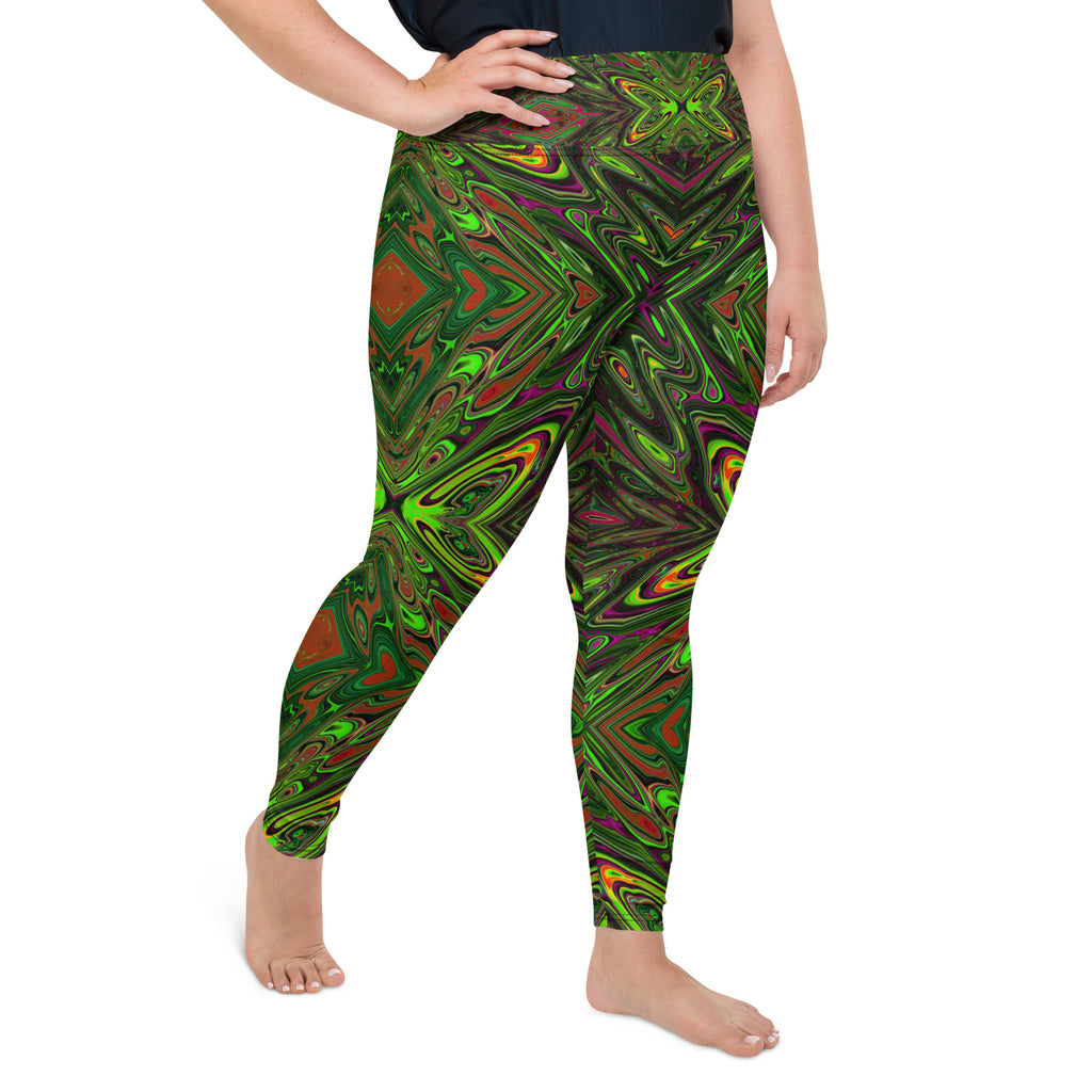 Plus Size Leggings - Trippy Retro Lime Green Abstract Butterfly