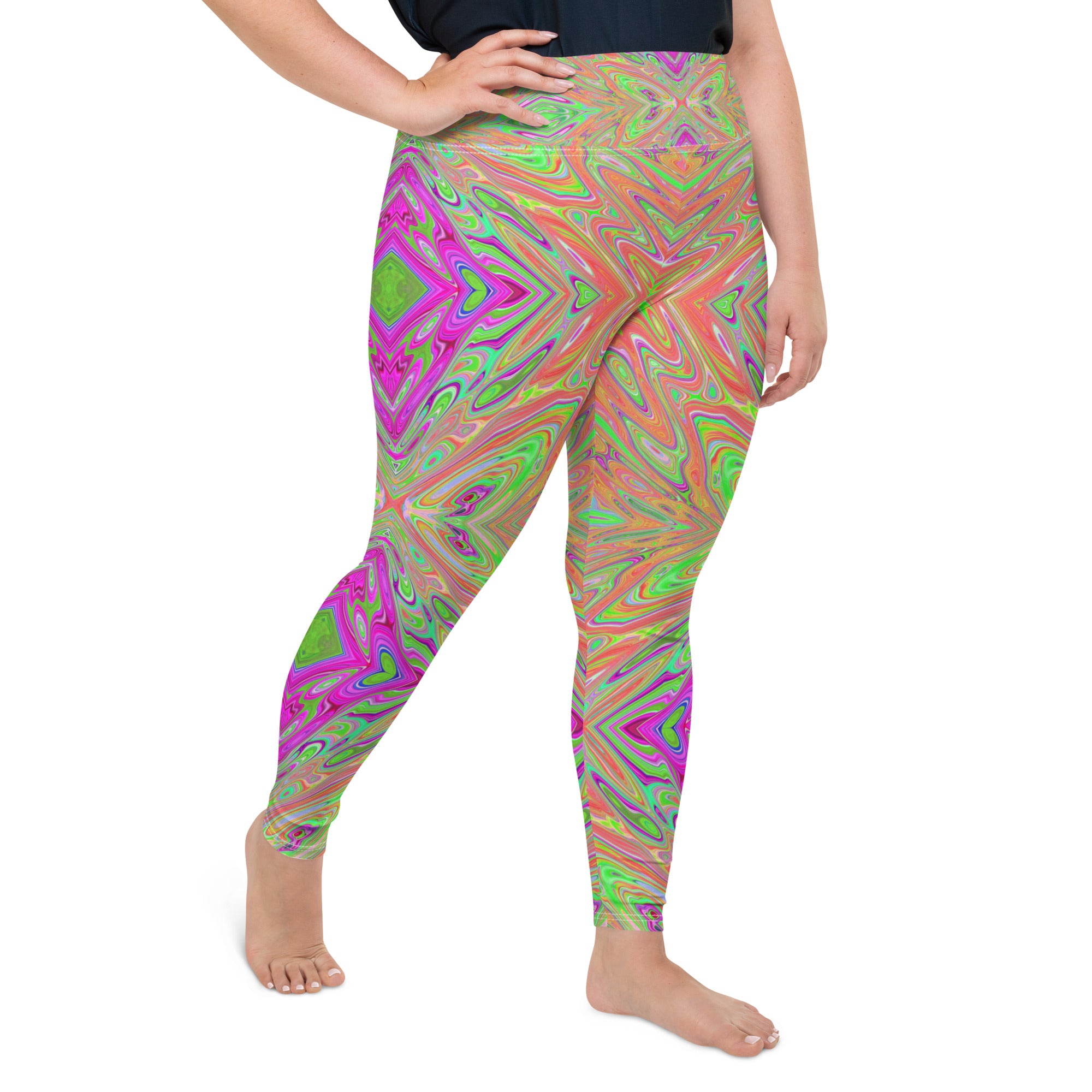 Plus Size Leggings - Trippy Lime Green and Orange Abstract Butterfly