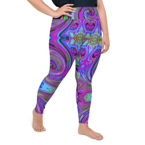 Plus Size Leggings - Colorful Magenta Swirl Retro Abstract Design